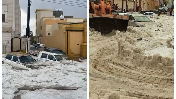 في حالة مناخية نادرة.. شاهد برَداً متراكماً يغطي أحياء خميس مشيط السعودية